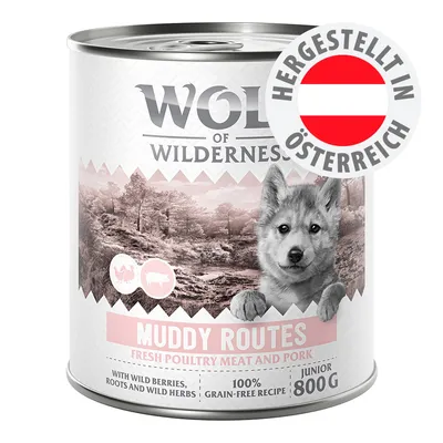 Wolf of Wilderness Muddy Routes, fresh poultry meat and pork, mit Wildbeeren, Wurzeln und Kräutern, 100% getreidefreie Rezeptur, Junior, 800g, Hergestellt in Österreich.