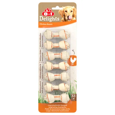 8in1 Delights Chicken Bones XS, dolgotrajno žvečenje, okusna piščančja, za pse do 5 kg. Paket s petimi žvečilnimi kostmi.
