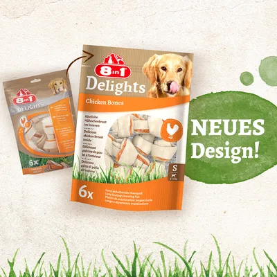 8in1 Delights Chicken Bones, läcker kycklingbröst inuti, långvarigt tuggande. Ny design! Förpackning med 6 stycken, storlek S för hundar 2–12 kg.