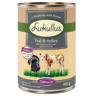 Lukullus Senior, vițel și curcan cu cartof dulce, pară și ulei de in. Midie cu cochilie verde extra. Conservă 400g.