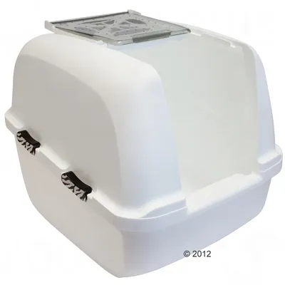 Weisse Katzentoilette mit abnehmbarem Deckel und Zebra-Muster an den Griffen.