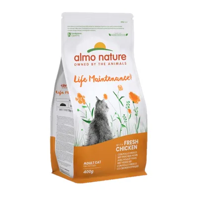 Almo Nature Life Maintenance dry food for adult cats, with fresh chicken, 400g. Packaging shows a cat and floral design.