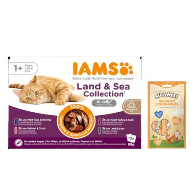 12 x 85 g IAMS Advanced Nutrition + 8 x 14 g Meowee! Savoury Spoonables gratis!
