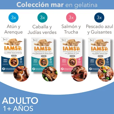 Colección mar en gelatina IAMS para gatos adultos 1+ años: atún y arenque, caballa y judías verdes, salmón y trucha, pescado azul y guisantes. 3 sobres de cada variedad.