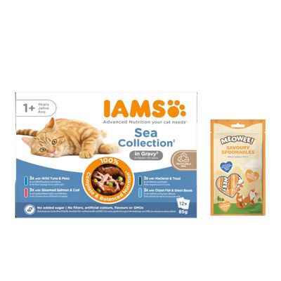12 x 85 g IAMS Advanced Nutrition + 8 x 14 g Meowee! Savoury Spoonables gratis!