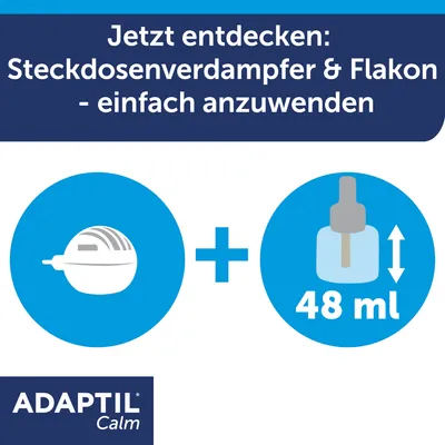 Jetzt entdecken: Steckdosenverdampfer und Flakon, einfach anzuwenden. Adaptil Calm, Flakon mit 48 ml.