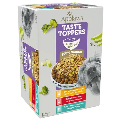 Applaws Taste Toppers Broth Selection, 100% натурална, добавка към суха храна. Варианти: пилешко филе, говеждо, риба тон. Опаковка с 6 x 85 г пауча.