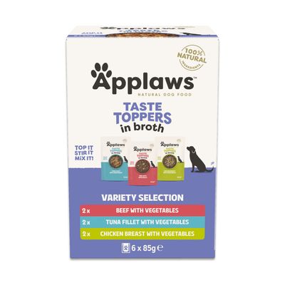 Applaws Taste Toppers Broth Selection, 100% naturlig, supplement til tørfoder. Varianter: kyllingebryst, oksekød, tun. Pakke med 6 x 85g poser.