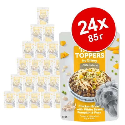 Taste Toppers in Gravy, 24×85 г, пилешки гърди с бял фасул, тиква и грах. 100% Natural. Комплект паучове за кучета, изображение на храна и куче на опаковката.