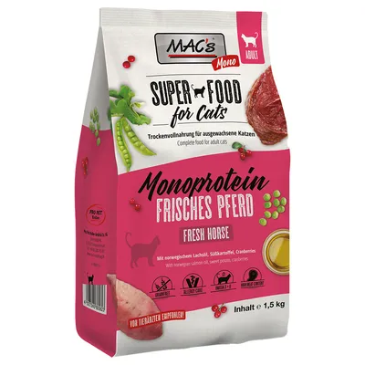 MAC's Mono Super Food for Cats, суха храна за възрастни котки с монопротеин прясно конско месо, норвежко сьомгово масло, сладък картоф, червени боровинки. Съдържание: 1,5 кг.
