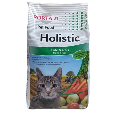Porta 21 Holistic kattefoder, and og ris, med næringsrige ingredienser, urter, frugt og grøntsager. Fuldfoder til alle katte. Emballagen viser en kat og landbrugsmotiver.