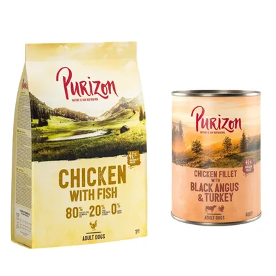 Purizon Chicken with Fish 1 kg pour chiens adultes, 80 % ingrédients animaux, 20 % végétaux. Purizon Chicken Fillet with Black Angus & Turkey 400 g, 45 % filet de poulet, pour chiens adultes.