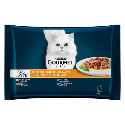 Purina Gourmet Perle, wykwintne paski w sosie. Smaki: indyk, kaczka, jagnięcina, tuńczyk. Opakowanie: 4x85g.