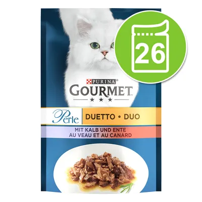 Purina Gourmet Perle Duetto Duo met kalf en eend. Afbeelding van het voer en een witte kat. Groen symbool met het getal 26 zichtbaar.