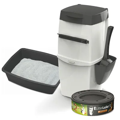 Litter disposal system set including a waste bin with scoop holder, refill cartridge and a tray filled with litter, shown together for product overview.