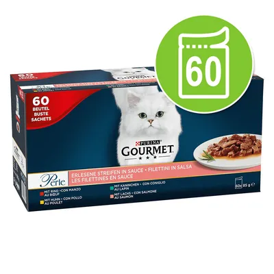 Boîte Purina Gourmet Perle, 60 sachets de filettines en sauce pour chat, variétés : bœuf, poulet, lapin, saumon. Texte visible en français, allemand, italien et espagnol. Boîte Purina Gourmet Perle, 60 sachets de filettines en sauce pour chat, variétés : bœuf, poulet, lapin, saumon. Texte visible en français, allemand, italien et espagnol.