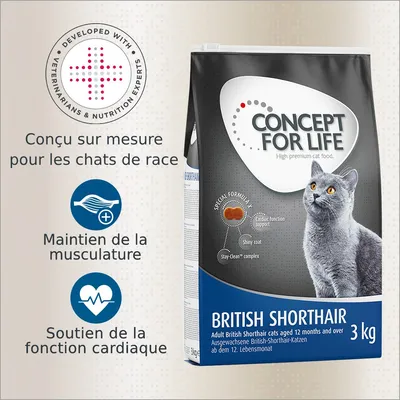 Sac Concept for Life British Shorthair 3 kg, conçu pour chats de race. Mentions visibles : maintien de la musculature, soutien de la fonction cardiaque, développé avec des experts vétérinaires.