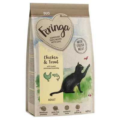 Feringa Duo Adult kattefoder, variant Chicken & Trout med søde kartofler og persille, kornfri, med frisk kød, 400g pakke.