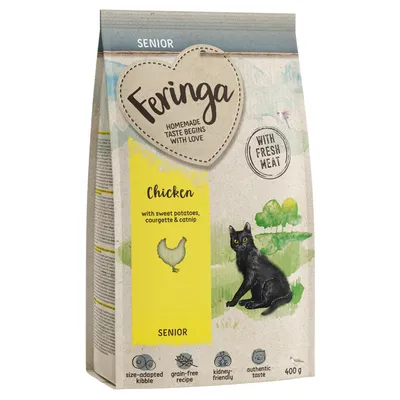 Feringa Senior kattefoder med frisk kød, kylling, sød kartoffel, zucchini og katteurt. Størrelse: 400g. Kornfri, nyrevenlig, autentisk smag.