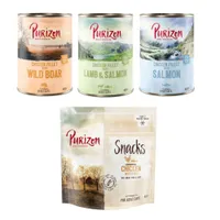 Purizon Kombi-Paket: Adult Nassfutter + Snack  - 24 x 400 g Mixpaket (8 x Wildschwein, 8 x Lachs, 8 x Lamm) + 3 x 40 g Huhn mit Fisch