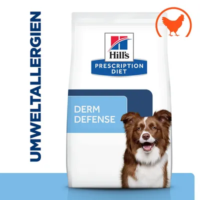 Hill's Prescription Diet Derm Defense, Umweltallergien, mit Huhn. Verpackung zeigt Produktname und Allergiehinweis.