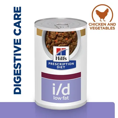 Hill's Prescription Diet i/d low fat консервирана храна за домашни любимци, видими парчета месо и зеленчуци. Текст: DIGESTIVE CARE, CHICKEN AND VEGETABLES.