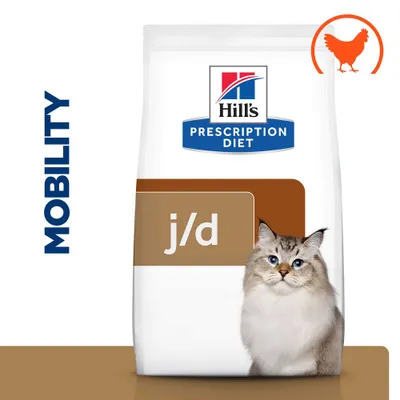 Hill's Prescription Diet j/d MOBILITY, imagine a unei pisici și simbolul puiului pe ambalaj.