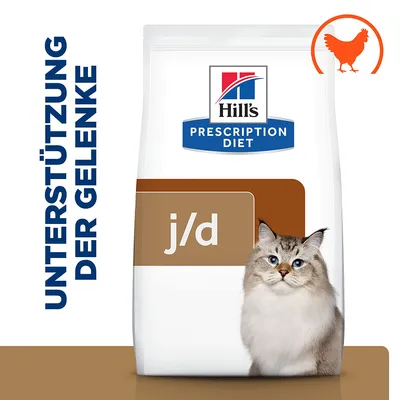 Hill's Prescription Diet j/d Katzenfutter zur Unterstützung der Gelenke, mit Huhn. Verpackung zeigt eine Katze und das Produktlogo.