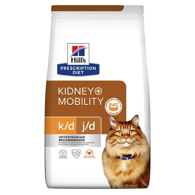 Hill's Prescription Diet Kidney+Mobility k/d j/d per gatti, raccomandato dai veterinari. Testo visibile: Enhanced Appetite Trigger EAT, S+OX Shield, With Chicken.