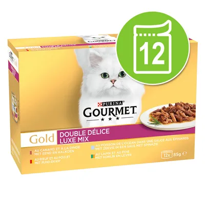 Purina Gourmet Gold Double Délice Luxe Mix, 12x85g. Válogatás: kacsa és pulyka, marha és csirke, hal spenótmártásban, nyúl és máj.