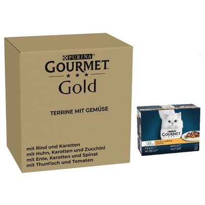 Purina Gourmet Perle, 96 x 85 g = 8160 g. Warianty: z pstrągiem, indykiem, kaczką, dziczyzną. Wielojęzyczny opis na opakowaniu.