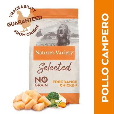 Nature’s Variety Selected kutyatáp csomagolás, NO GRAIN, FREE RANGE CHICKEN, Traceability guaranteed from origin, Pollo Campero felirat, zöldség és csirkehús darabokkal.