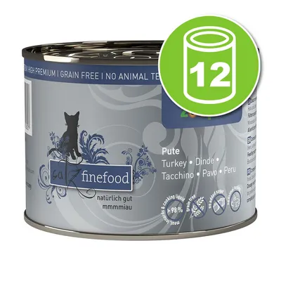 Boîte de nourriture pour chat catz finefood, saveur dinde. Texte visible : Pute, Turkey, Dinde, Tacchino, Pavo, Peru. Lot de 12 boîtes indiqué sur l’icône verte.