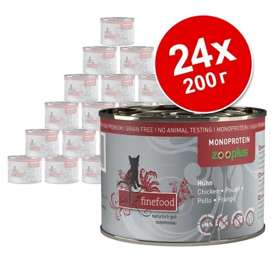24 консерви по 200 г catz finefood Monoprotein zooplus, вкус пиле. Видими надписи: HIGH PREMIUM, GRAIN FREE, NO ANIMAL TESTING, 98 % месо, без зърно.