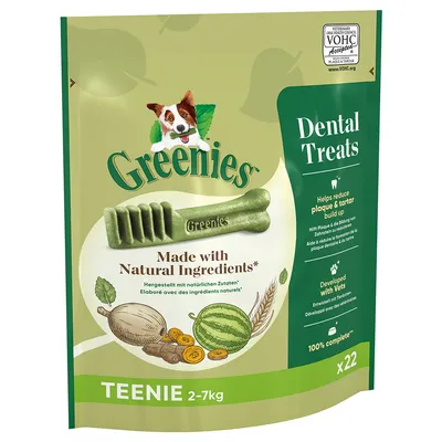 Greenies Dental Treats Teenie 2–7 kg, x22. Made with Natural Ingredients. Helps reduce plaque & tartar build up. Developed with Vets. 100% complete. VOHC Accepted.