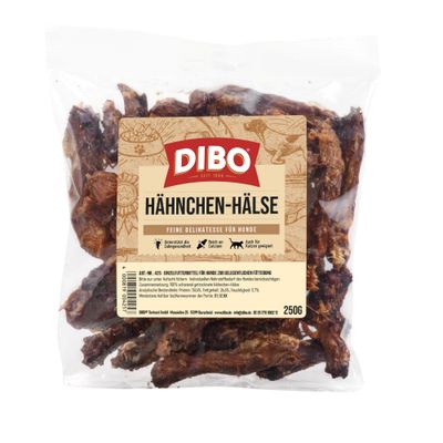 DIBO chicken necks, 250 g, 100% gently dried. Single feed for dogs. Since 1988. Item number 425. Manufacturer: DIBO Tierkost GmbH.