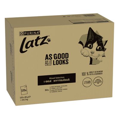 Purina Latz As Good As It Looks, blandet udvalg i gelé, 120 x 85 g, indeholder oksekød, kylling, torsk, laks. 100% komplet og afbalanceret.