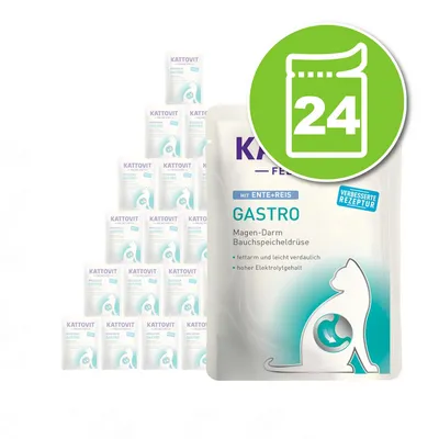 Lot de 24 sachets Kattovit Gastro mit Ente+Reis, texte en allemand : Magen-Darm Bauchspeicheldrüse, fettarm und leicht verdaulich, hoher Elektrolytgehalt, verbesserte Rezeptur. Lot de 24 sachets Kattovit Gastro mit Ente+Reis, texte en allemand : Magen-Darm Bauchspeicheldrüse, fettarm und leicht verdaulich, hoher Elektrolytgehalt, verbesserte Rezeptur.