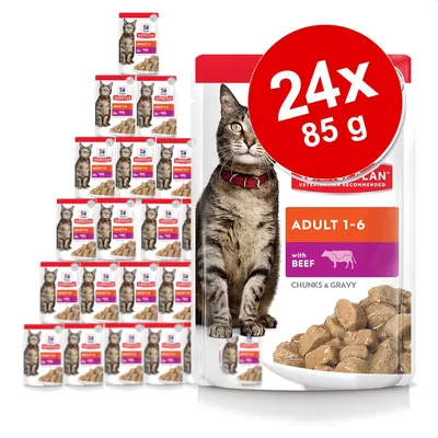 Hill's Science Plan Adult 1-6 with Beef Chunks & Gravy kattefoder, 24 x 85 g poser vist med billede af kat og oksekød i sovs på emballagen.