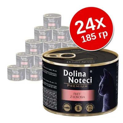 24 банки по 185 г Dolina Noteci Premium FILET Z ŁOSOSIA для кошек. На упаковке изображён силуэт кошки и значки: рыба, растение, D3, Zn. 24 банки по 185 г Dolina Noteci Premium FILET Z ŁOSOSIA для кошек. На упаковке изображён силуэт кошки и значки: рыба, растение, D3, Zn.