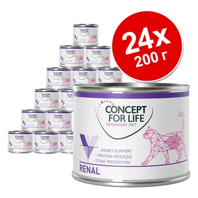 24 консерви по 200 г Concept for Life Veterinary Diet Renal за котки. Видим текст: Kidney Support, Protein-Reduced, Stone Prevention.