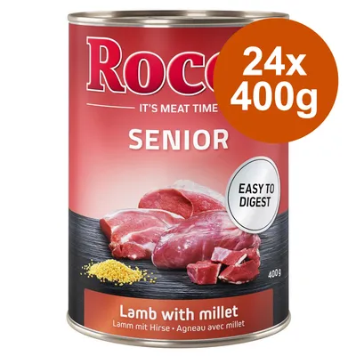 Rocco Senior, Lamb with millet, 24x400g, Easy to digest. Na etykiecie widoczne kawałki mięsa i proso. Masa netto: 400 g.