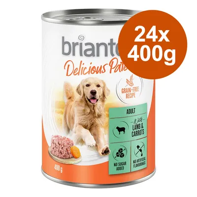 Briantos Delicious Paté, Adult, mit Lamm und Karotten, getreidefreie Rezeptur, ohne Zuckerzusatz, keine künstlichen Aromen. Packungsgröße: 24x400g.