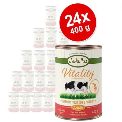 Lukullus Vitality Adult hundmat, 24 x 400 g burkar. Text på burk: Supports your dog's mobility, Beef with Broccoli, Potatoes and Papayas, Grain-Free Recipe.