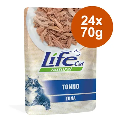 Life Cat natural TONNO TUNA, lot de 24 sachets de 70 g, image de thon en morceaux sur une assiette, illustration de chat sur l’emballage.