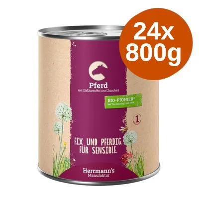 Herrmann's Manufaktur Pferd med sötpotatis och zucchini, 24x800g. Text på tyska: Fix und pferdig. Für Sensible. Bio-Pionier. Synlig gräs- och maskrosillustration.