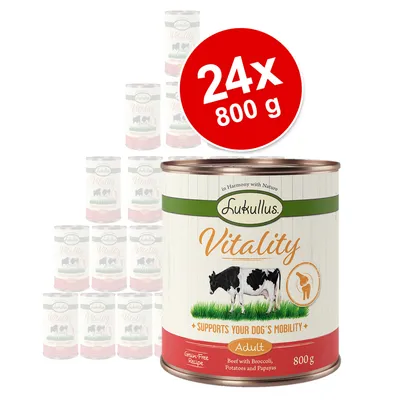 Lukullus Vitality Adult hundmat, 24 x 800 g. Text på burk: Supports your dog's mobility, Beef with Broccoli, Potatoes and Papayas, Grain-Free Recipe.