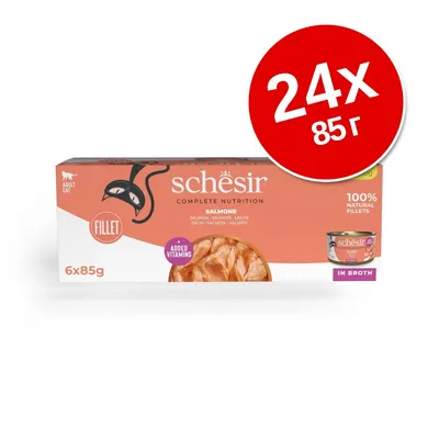 Schesir Complete Nutrition Salmone за котки, 24x85 г, 100% натурални филета, добавени витамини, в бульон. Опаковка с изображение на риба и консерва.