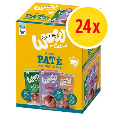 Wow Cat Premium Paté Multipack 6 x 125 g, confezione da 24 pezzi. Visibili vari gusti: pollo puro, manzo e tacchino, pollame e fegato. Made in Germany, senza cereali.