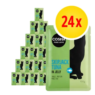 Cosma Pure Love Skipjack Tuna in Jelly, balení 24×100 g. Na obalu silueta kočky a text: Single Protein Pure Fish. Cosma Pure Love Skipjack Tuna in Jelly, balení 24×100 g. Na obalu silueta kočky a text: Single Protein Pure Fish.